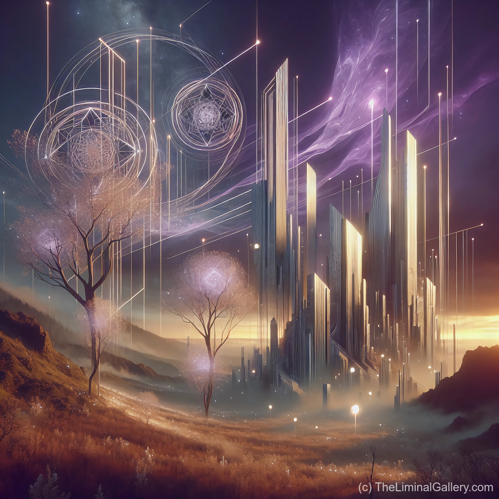 A glowing ethereal citadel stands as a beacon of hope and light amidst a vivid cosmic meadow, blending celestial beauty with surreal wonder.